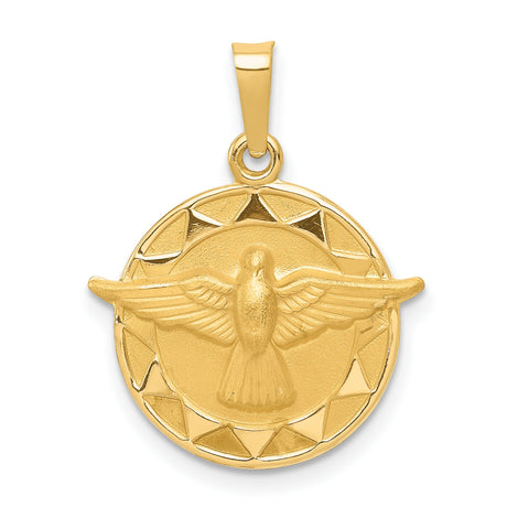 Flying Dove Holy Spirit Round Medal Charm Pendant in Real 14k Yellow Gold