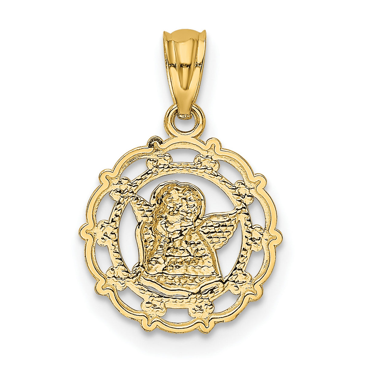 Cherub Angel with Hand Chin in Round Charm Pendant in Real 14k Multi-Tone Gold