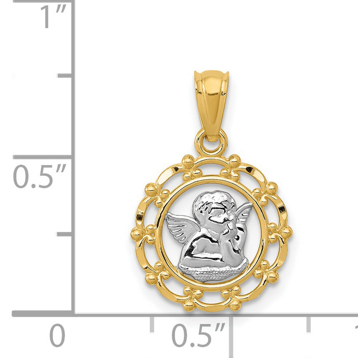 Cherub Angel with Hand Chin in Round Charm Pendant in Real 14k Multi-Tone Gold