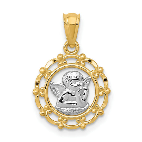 Cherub Angel with Hand Chin in Round Charm Pendant in Real 14k Multi-Tone Gold