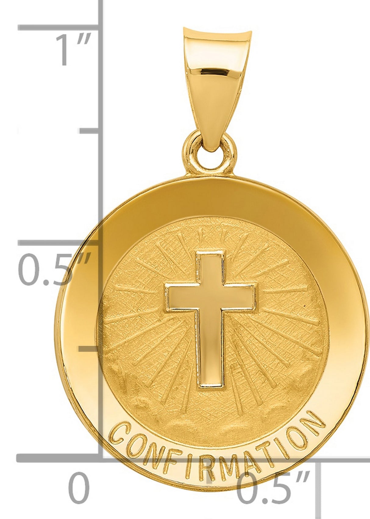 Latin Cross and Confirmation Word Hollow Round Medal Charm Pendant in Real 14k Yellow Gold