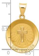 Latin Cross and Confirmation Word Hollow Round Medal Charm Pendant in Real 14k Yellow Gold