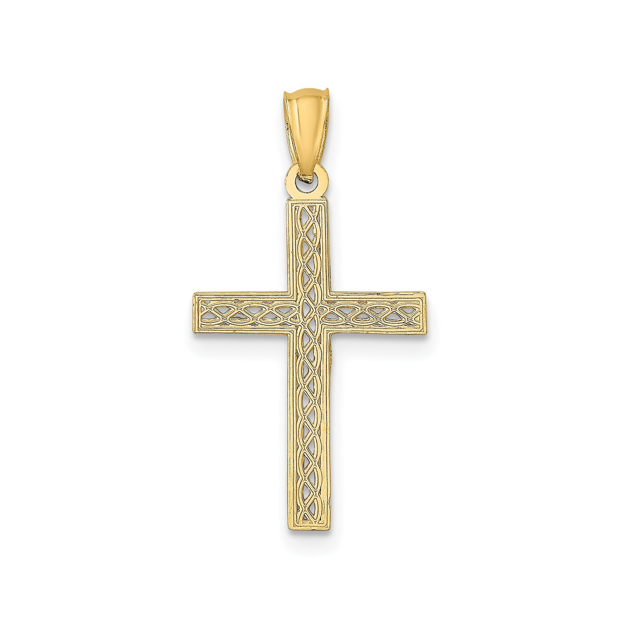 14k Yellow Gold Cross Pendant with Filigree Weave and Rhodium Detail, Latin Style