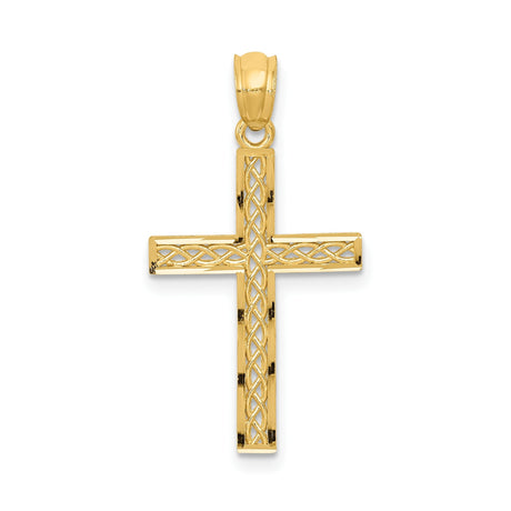 14k Yellow Gold Cross Pendant with Filigree Weave and Rhodium Detail, Latin Style