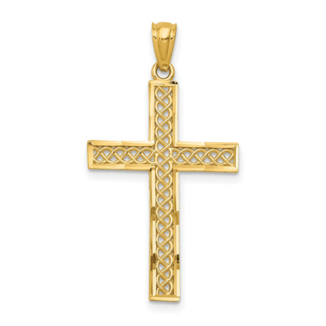 Diamond-Cut Filigree Style Latin Cross Charm Pendant in Real 14k Yellow Gold