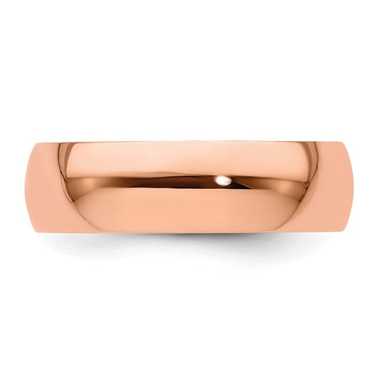 14K Rose Gold Half-Round Domed Wedding Band, Lightweight No Stone 6mm Polished