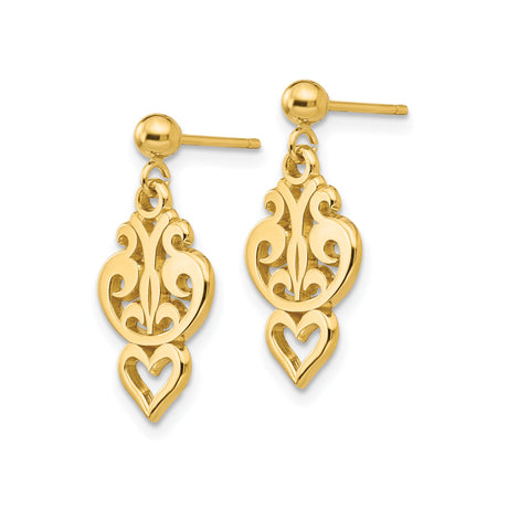14k Yellow Gold Dangle Earrings with Scroll Heart Design and Openwork Filigree Detailing