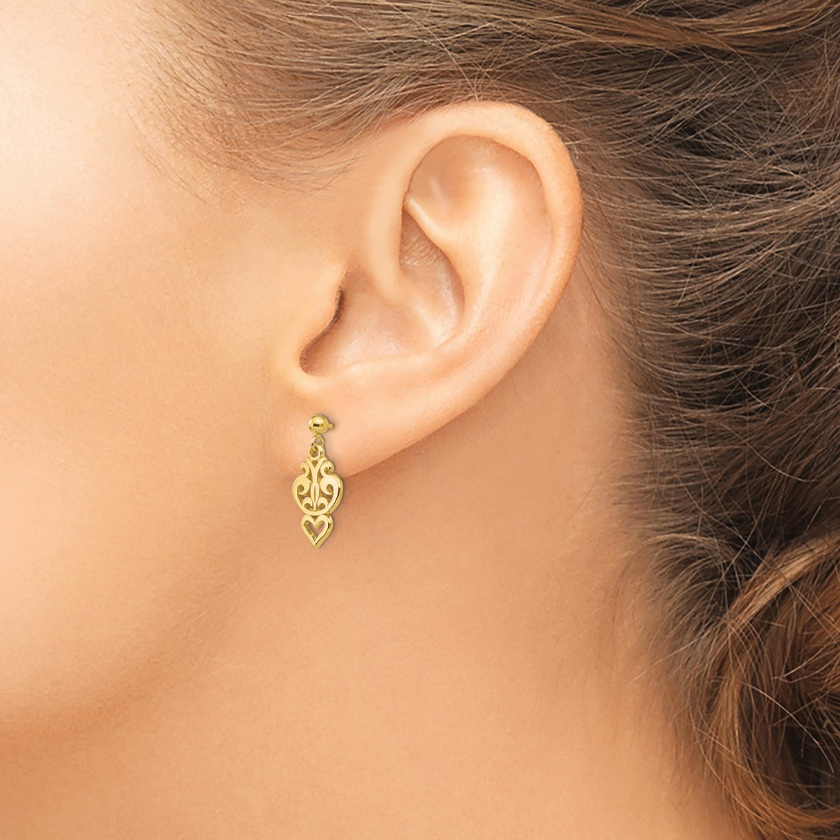 14k Yellow Gold Dangle Earrings with Scroll Heart Design and Openwork Filigree Detailing