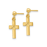 14k Yellow Gold Cross Drop Earrings with Diamond Cut Detail and Satin Finish for Men and Women