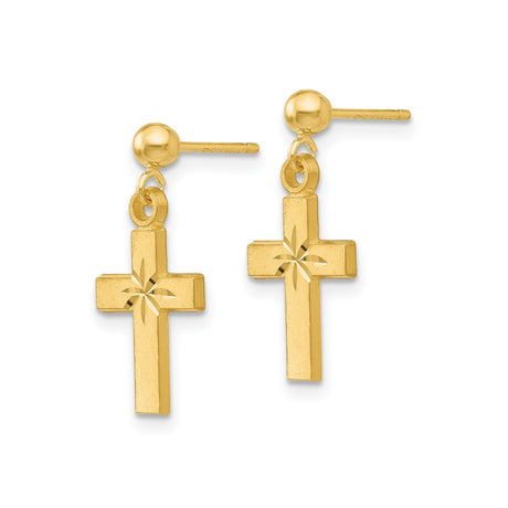 14k Yellow Gold Cross Drop Earrings with Diamond Cut Detail and Satin Finish for Men and Women
