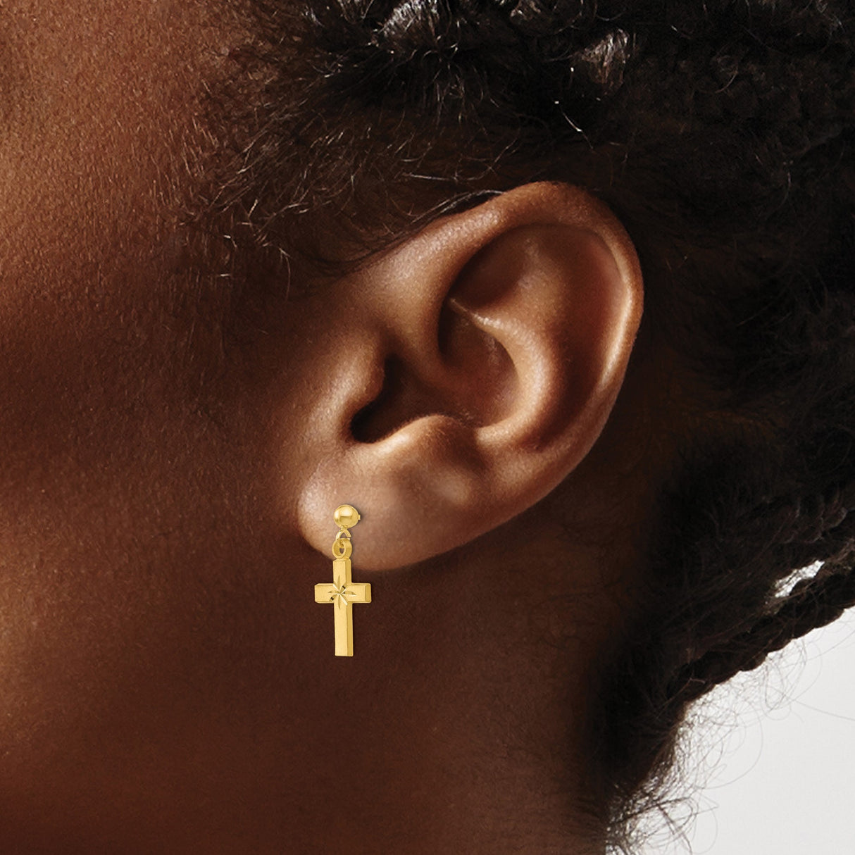 14k Yellow Gold Cross Drop Earrings with Diamond Cut Detail and Satin Finish for Men and Women