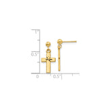 14k Yellow Gold Cross Drop Earrings with Diamond Cut Detail and Satin Finish for Men and Women