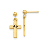 14k Yellow Gold Cross Drop Earrings with Diamond Cut Detail and Satin Finish for Men and Women