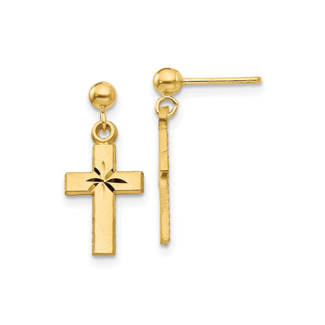14k Yellow Gold Cross Drop Earrings with Diamond Cut Detail and Satin Finish for Men and Women