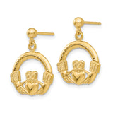 14k Yellow Gold Claddagh Stud Earrings, Irish Celtic Heart and Crown Symbol Design for Women