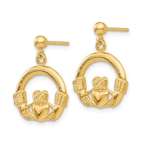 14k Yellow Gold Claddagh Stud Earrings, Irish Celtic Heart and Crown Symbol Design for Women