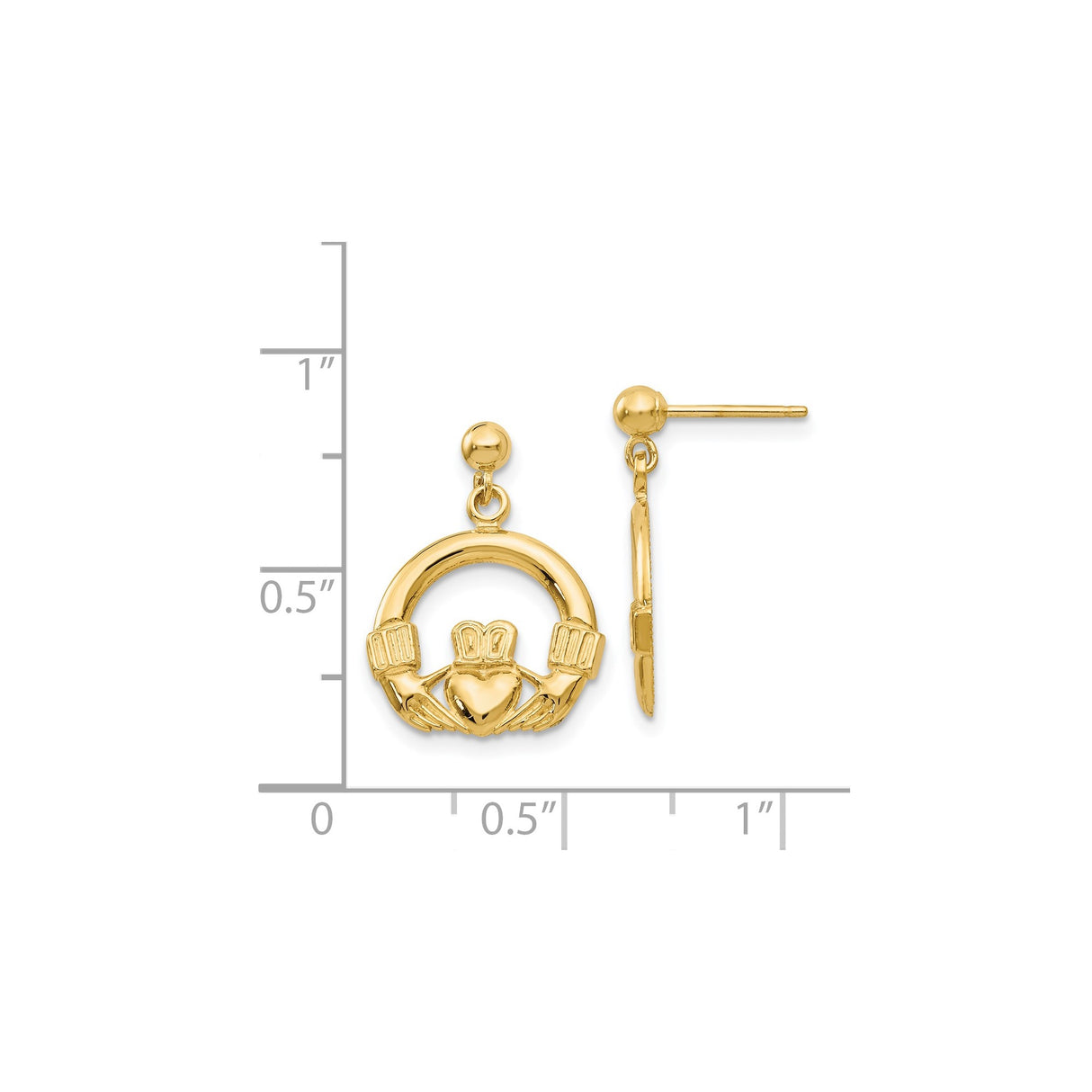 14k Yellow Gold Claddagh Stud Earrings, Irish Celtic Heart and Crown Symbol Design for Women