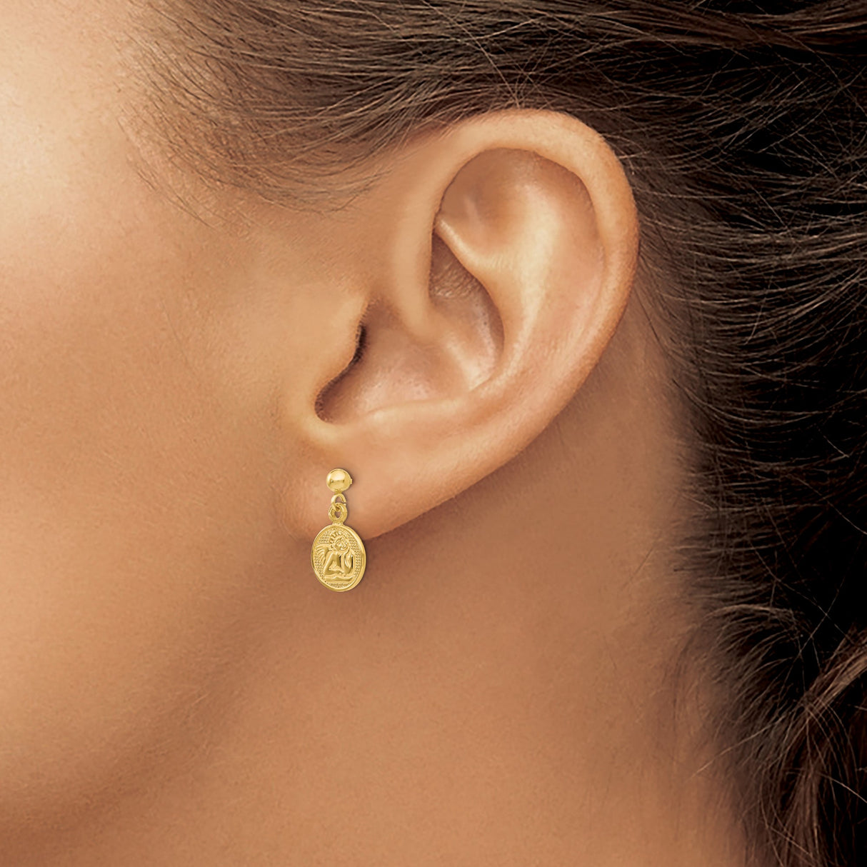 14k Yellow Gold Dangle Earrings with Cherub Medallion, Embossed Angel Design, Christian Jewelry