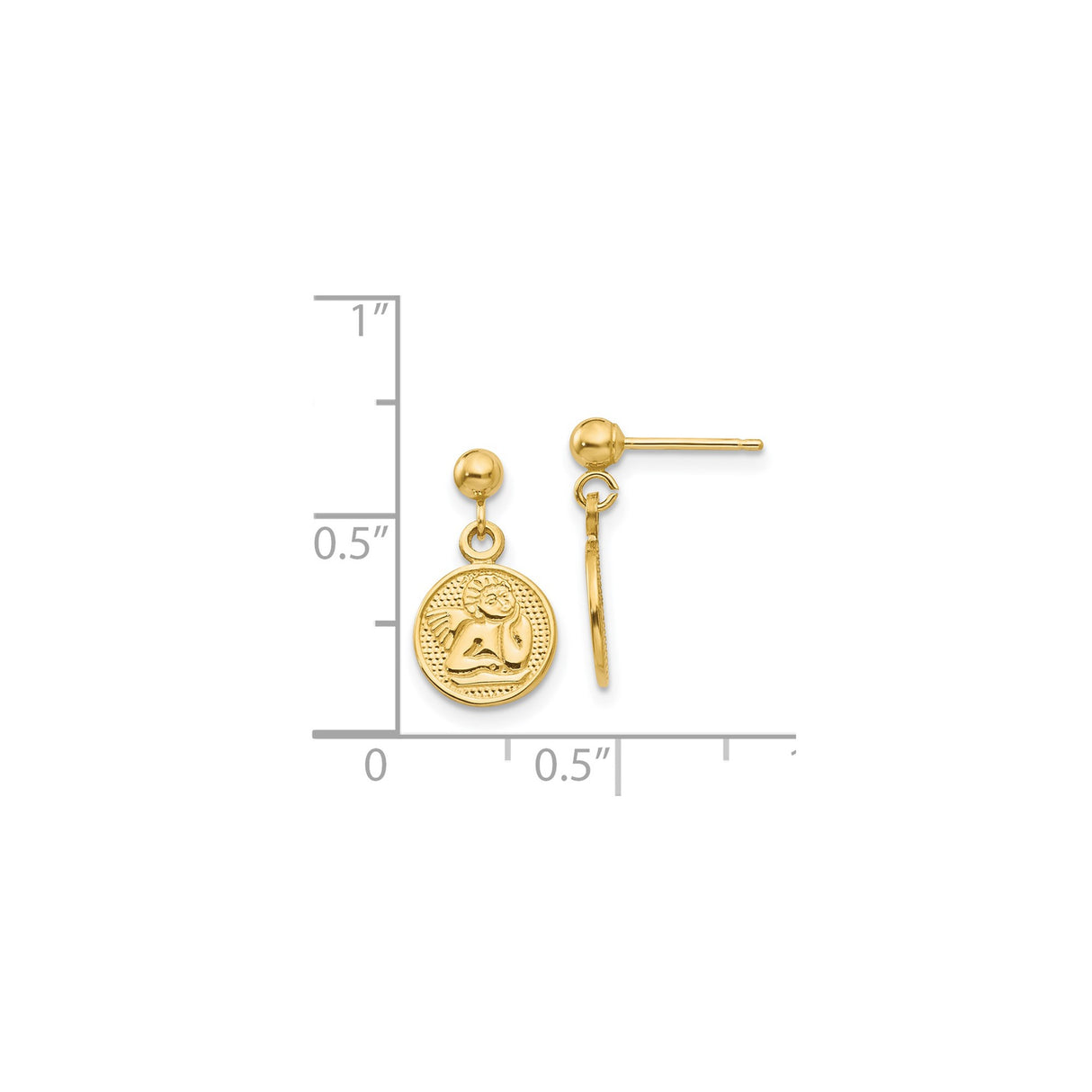 14k Yellow Gold Dangle Earrings with Cherub Medallion, Embossed Angel Design, Christian Jewelry
