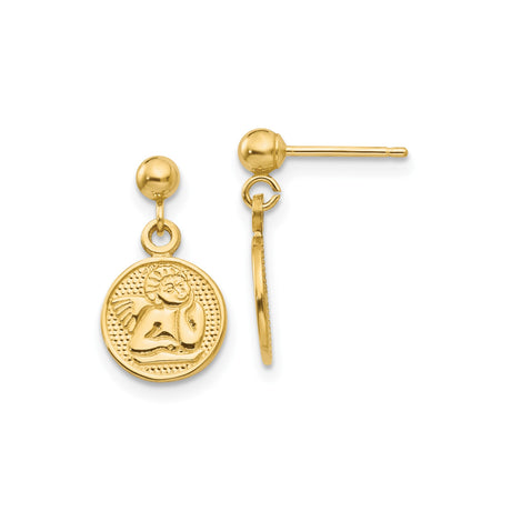 14k Yellow Gold Dangle Earrings with Cherub Medallion, Embossed Angel Design, Christian Jewelry