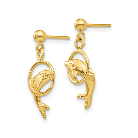 14k Yellow Gold Dolphin Stud Earrings, Jumping Dolphin in Circle Frame, Nautical Ocean Theme