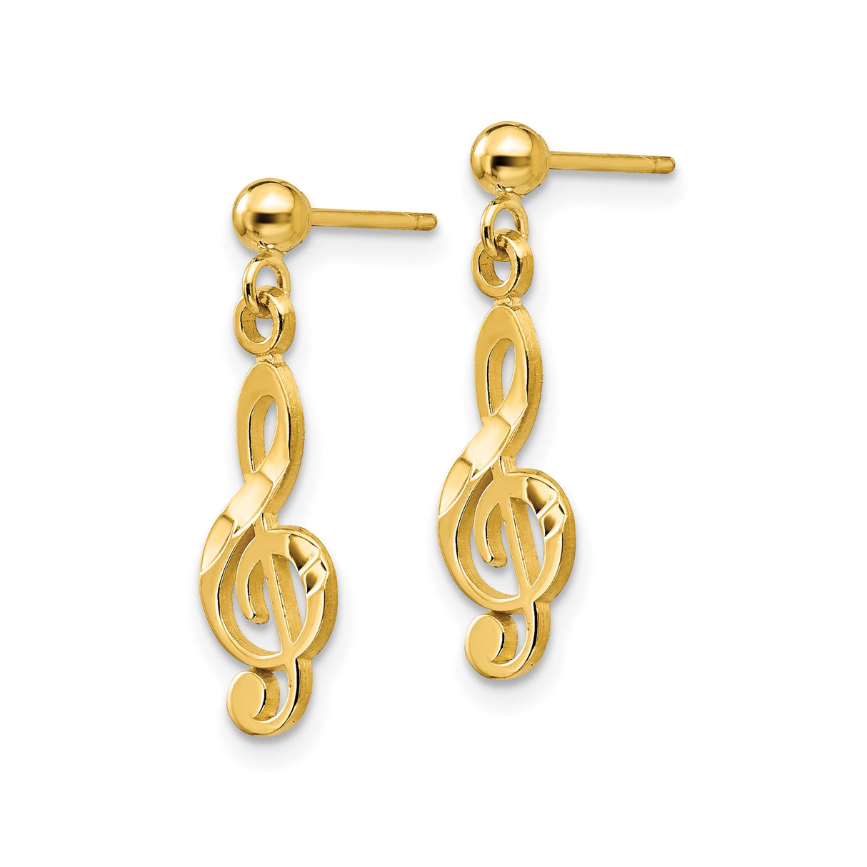14k Yellow Gold Treble Clef Dangle Earrings, Music Note Design for Women