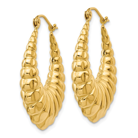 14k Yellow Gold Hoop Earrings, Bold Ribbed Shell Texture, Chunky Graduated Design