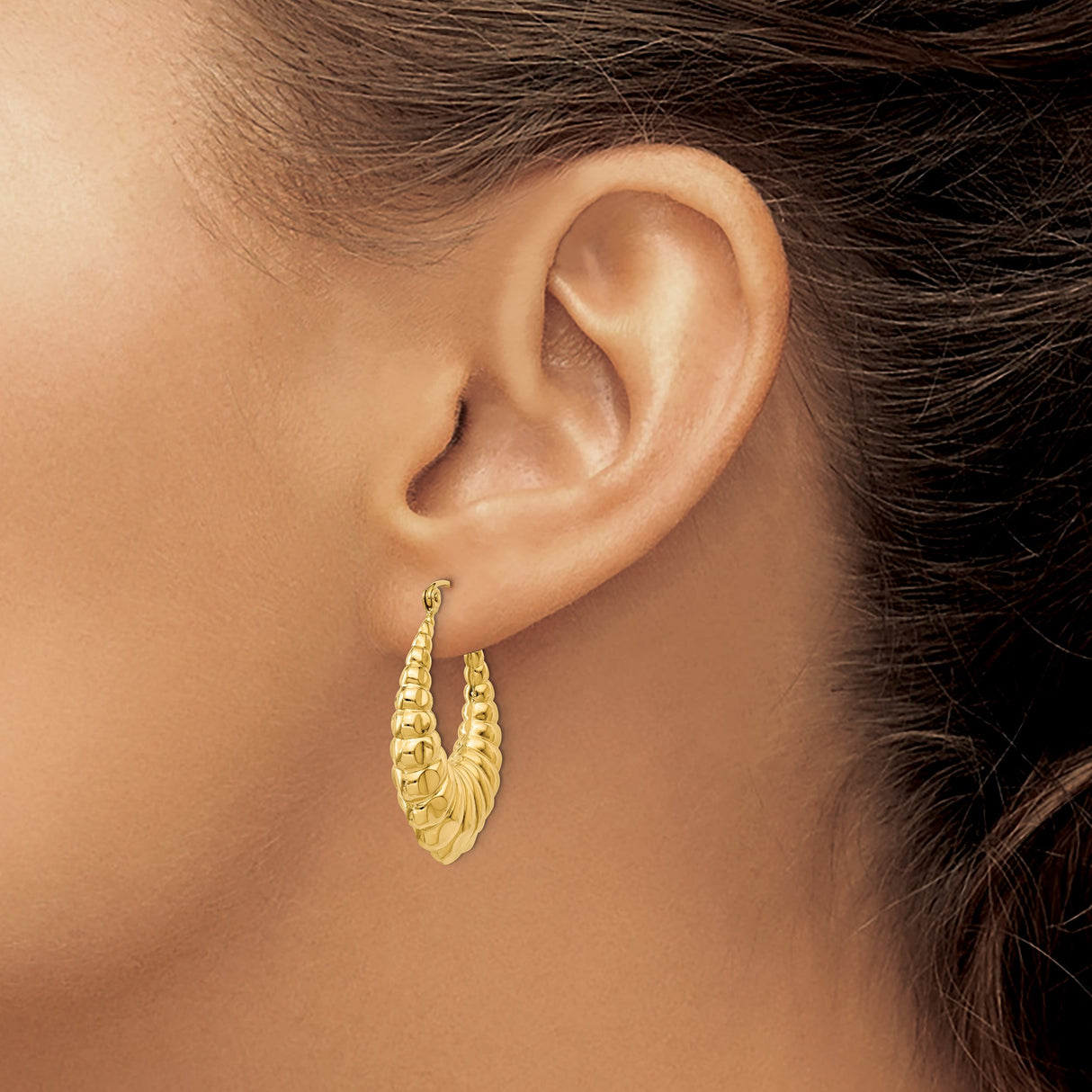 14k Yellow Gold Hoop Earrings, Bold Ribbed Shell Texture, Chunky Graduated Design