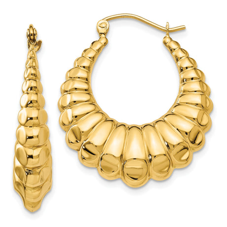 14k Yellow Gold Hoop Earrings, Bold Ribbed Shell Texture, Chunky Graduated Design