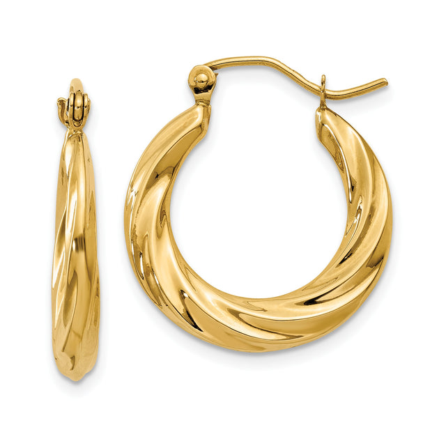 14k Yellow Gold Hoop Earrings, Twisted Hollow Style with Polished Finish for Women