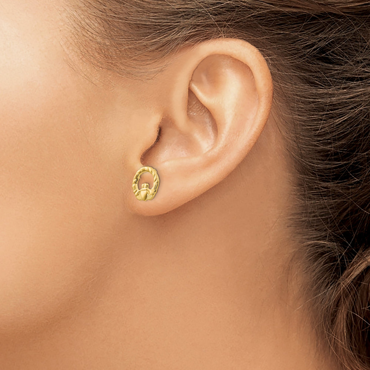 14k Yellow Gold Claddagh Stud Earrings, Celtic Heart with Crown and Hands Design