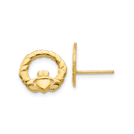 14k Yellow Gold Claddagh Stud Earrings, Celtic Heart with Crown and Hands Design