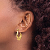 14k Yellow Gold Teardrop Hoop Earrings, Hammered Texture, High Polish, Lightweight Oval Design