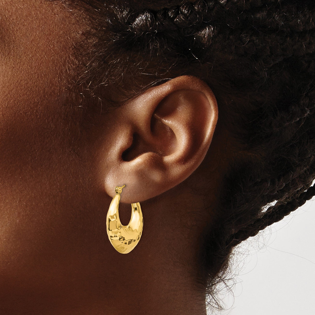 14k Yellow Gold Crescent Hoop Earrings with Hammered Textured Finish, Bold Puffed Style