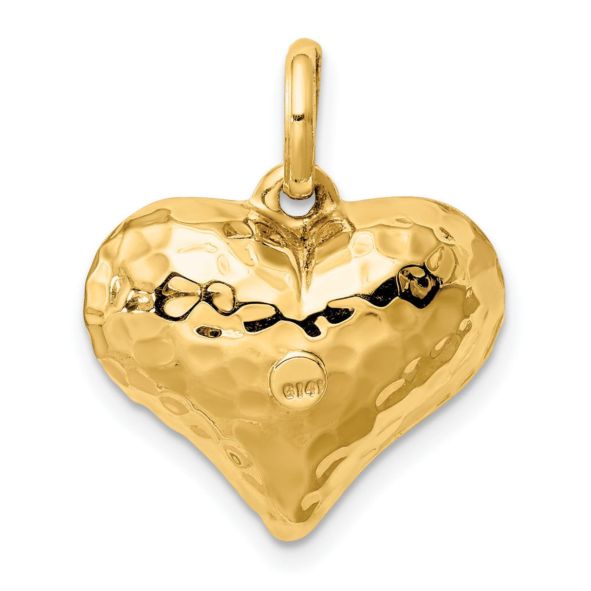 14k Yellow Gold Heart Pendant, Puffed Hammered Texture Charm, Symbol of Love for Women