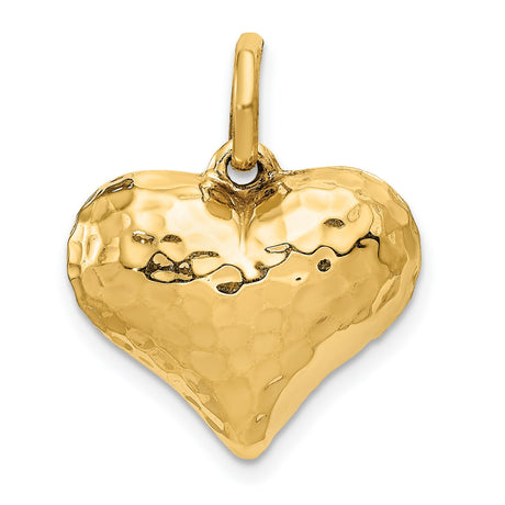 14k Yellow Gold Heart Pendant, Puffed Hammered Texture Charm, Symbol of Love for Women