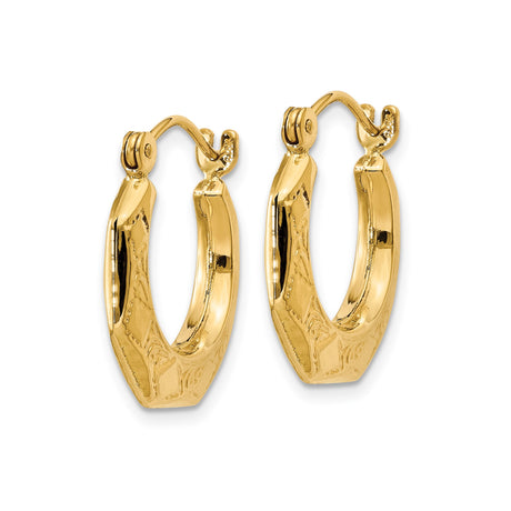 14k Yellow Gold Octagonal Hoop Earrings with Floral Design, Textured and Polished Finish