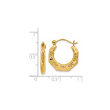 14k Yellow Gold Octagonal Hoop Earrings with Floral Design, Textured and Polished Finish