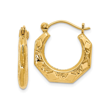 14k Yellow Gold Octagonal Hoop Earrings with Floral Design, Textured and Polished Finish