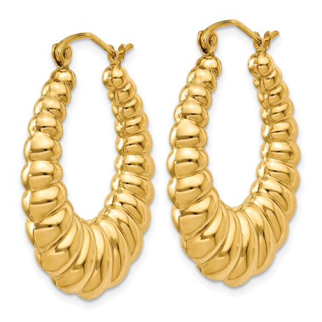 14k Yellow Gold Hoop Earrings, Twisted Ribbed Scallop Design, Bold Vintage Style for Women