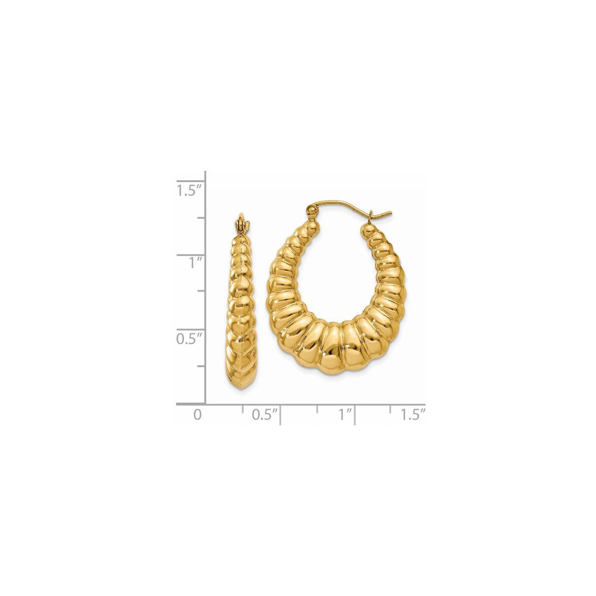 14k Yellow Gold Hoop Earrings, Twisted Ribbed Scallop Design, Bold Vintage Style for Women