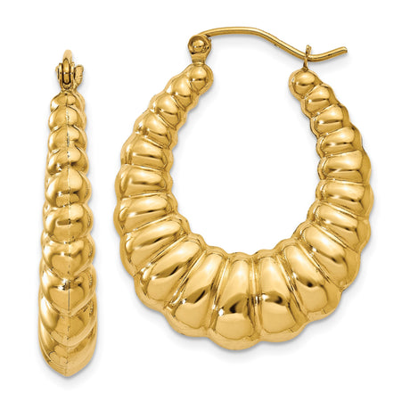 14k Yellow Gold Hoop Earrings, Twisted Ribbed Scallop Design, Bold Vintage Style for Women