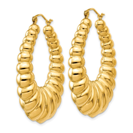 14k Yellow Gold Hoop Earrings, Puffed Scalloped Shrimp Style, Polished Chunky Medium Size