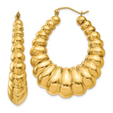 14k Yellow Gold Hoop Earrings, Puffed Scalloped Shrimp Style, Polished Chunky Medium Size