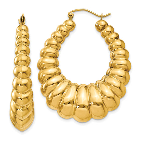 14k Yellow Gold Hoop Earrings, Puffed Scalloped Shrimp Style, Polished Chunky Medium Size