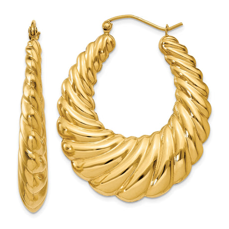 14k Yellow Gold Hoop Earrings, Twisted Ribbed Design, Medium Sculptural Style