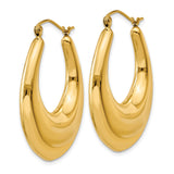 14k Yellow Gold Curved Teardrop Hoop Earrings, Bold Puffed Oval Design, Polished Finish