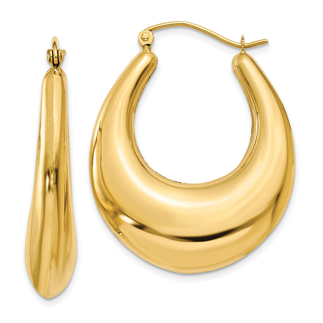 14k Yellow Gold Curved Teardrop Hoop Earrings, Bold Puffed Oval Design, Polished Finish