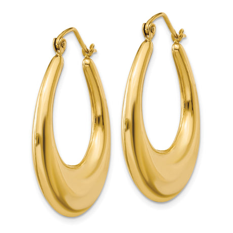 14k Yellow Gold Hoop Earrings, Polished Puffed Teardrop Design, Hinged Back Oval Hoops