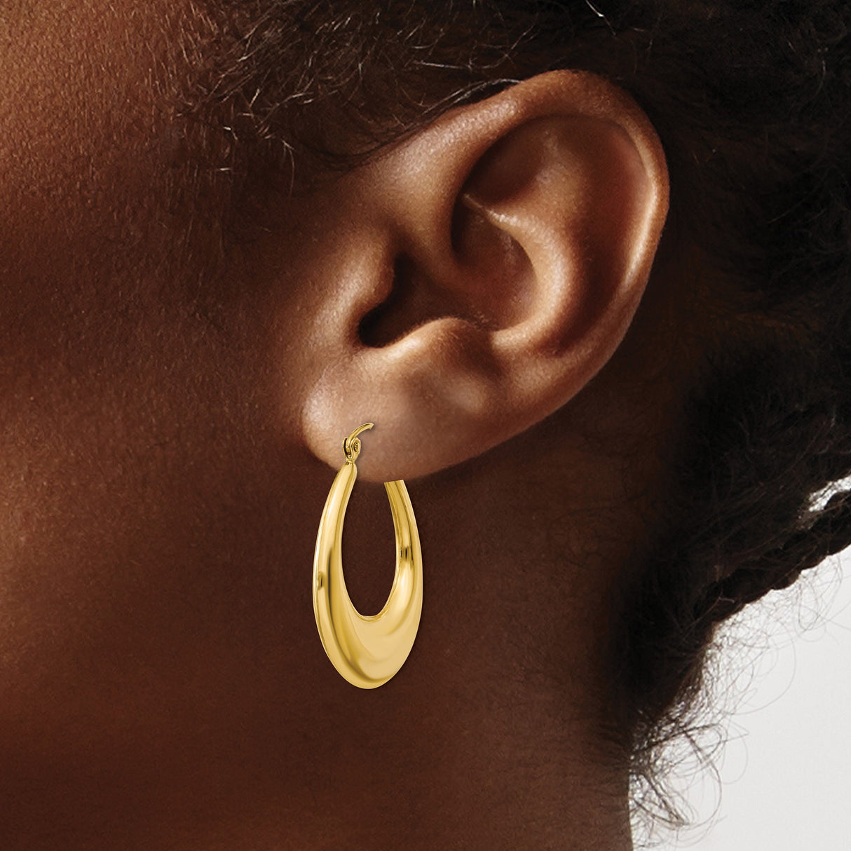 14k Yellow Gold Hoop Earrings, Polished Puffed Teardrop Design, Hinged Back Oval Hoops